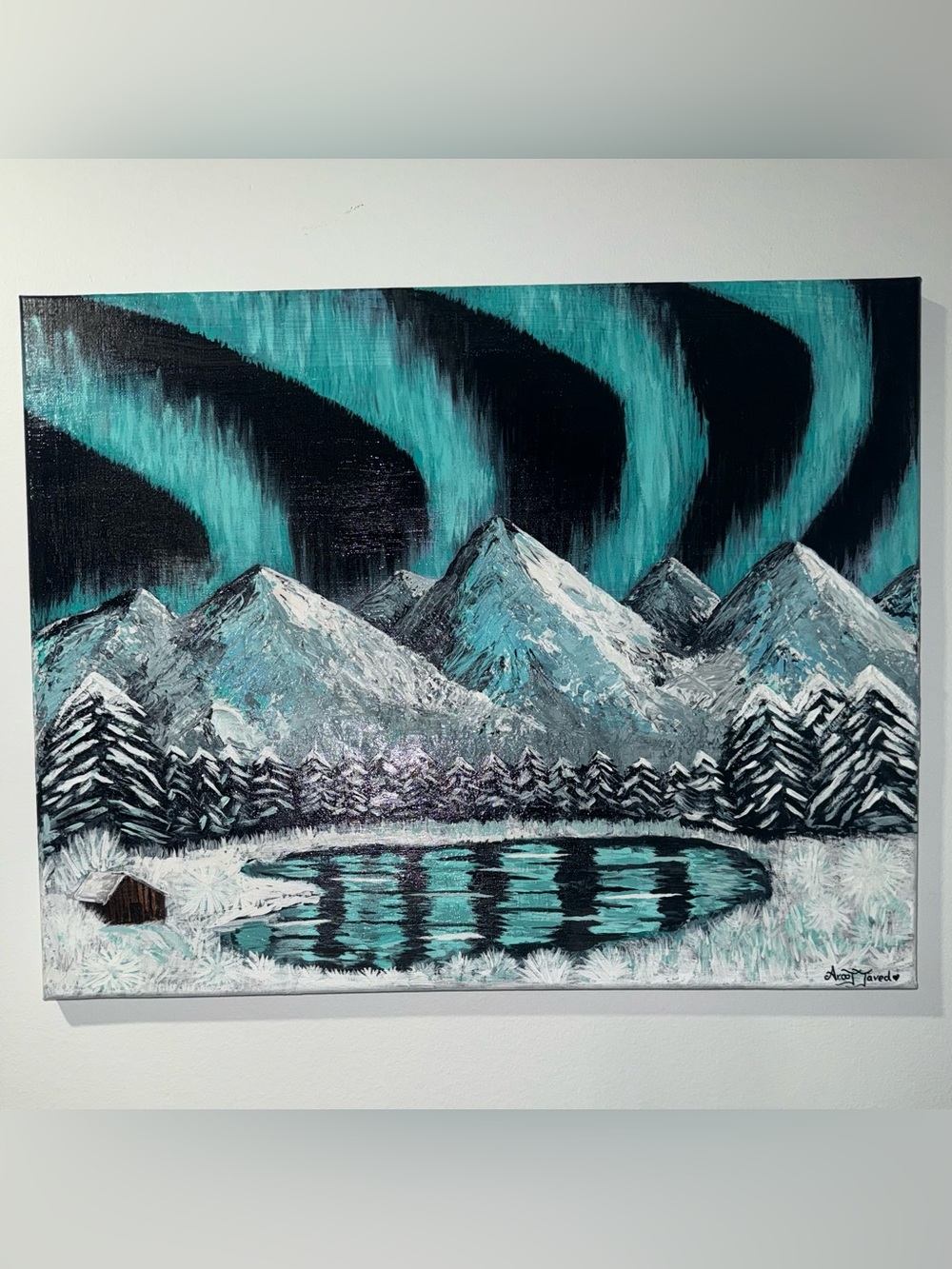 Teal and Black Mountain Lake Canvas Original Painting, Signed by the Artist